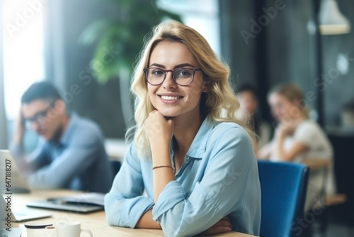 Pretty young business woman sitting in office while looking at camera. AI Generative