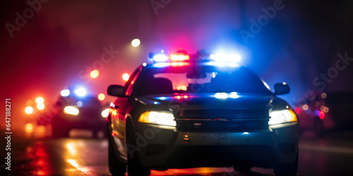911 on the Move: Police Car Racing Through Foggy Night - Blurred Background