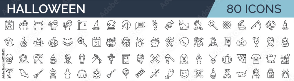 Set of 80 outline icons related to halloween. Linear icon collection. Editable stroke. Vector illustration Set of 80 outline icons related to halloween. Linear icon collection. Editable stroke. Vector illustration