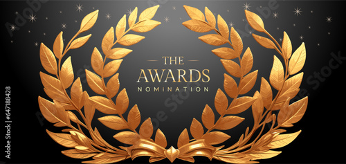 Golden laurel wreath winner award nomination background. 3d realistic design. Award concept background. Luxury premium corporate abstract design template.