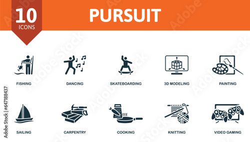 Pursuit set. Creative icons: fishing, dancing, skateboarding, 3d modeling, painting, sailing, carpentry, cooking, knitting, video gaming.