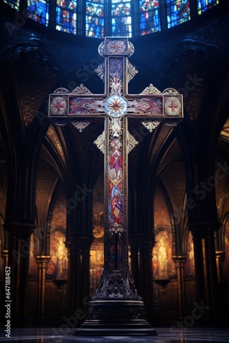 An ornate, jeweled cross inside a cathedral, illuminated only by the multicolored light filtering through stained glass windows