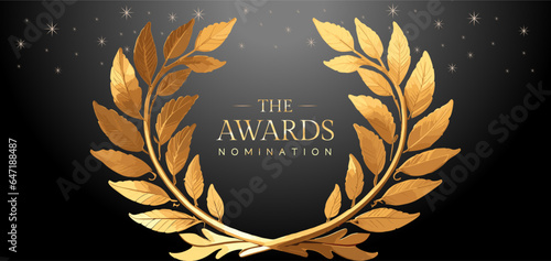 Golden laurel wreath winner award nomination background. 3d realistic design. Award concept background. Luxury premium corporate abstract design template.