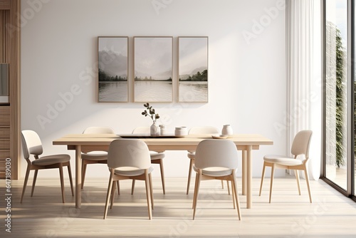 Amazing Interior Design of a Dining Room White with Wooden Seats and Table. © Luca