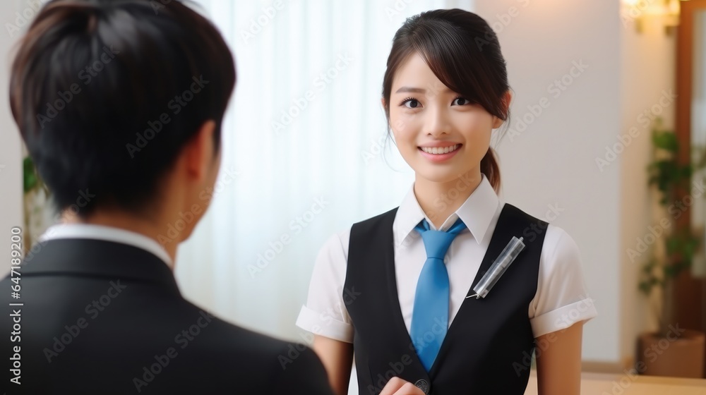 Asian female receptionist comes to ask for information about customers staying at the hotel. Asian female receptionist comes to ask for information about customers staying at the hotel.