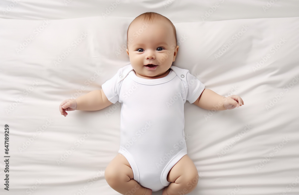 Baby at white bed background, Design template. Top view. Baby at white bed background, Design template. Top view.