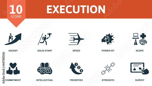 Execution set. Creative icons: ascent, solid start, speed, power hit, scope, commitment, intellectual, priorities, strength, survey.