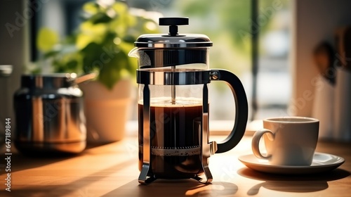 Comfort Foods  French press with black tea or espresso coffee on the kitchen.