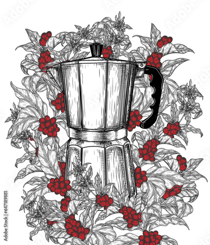 Vector illustration of a coffee pot surrounded by a coffee tree in engraving style