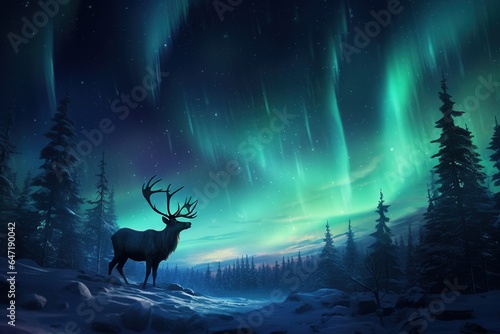 Reindeer grazing peacefully under the Northern Lights, while a distant silhouette of Santa’s sleigh is visible against the moon © EOL STUDIOS