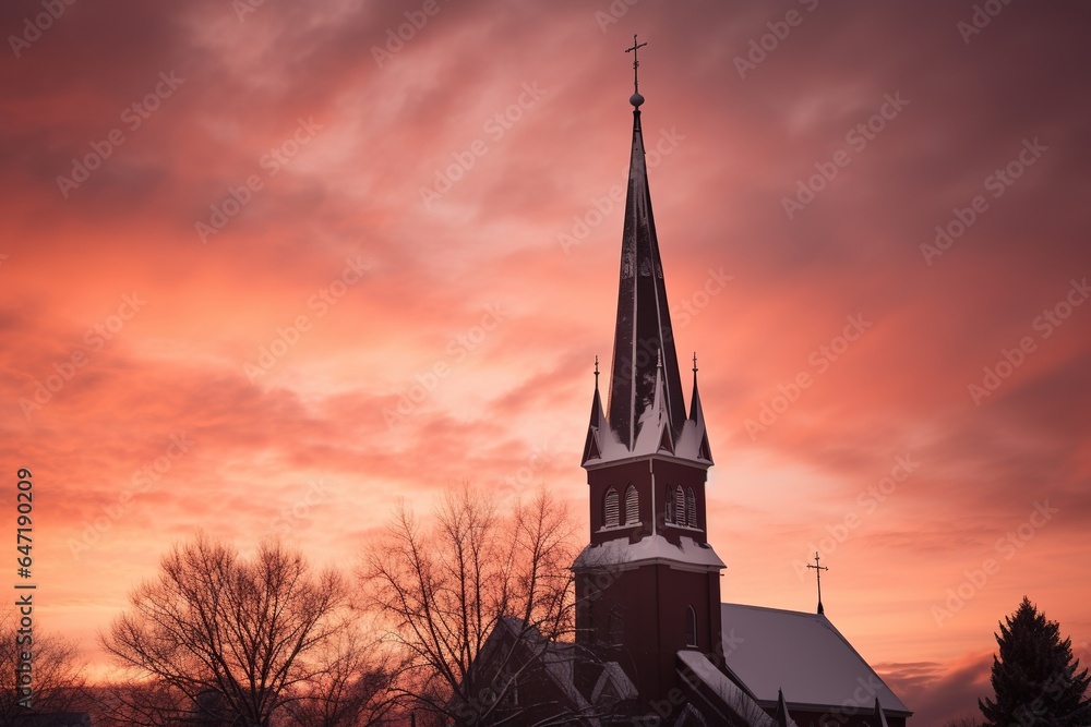 Obraz premium The silhouette of a church steeple, set against a brilliant winter sunset, with hues of deep orange and pink blending into the icy blue