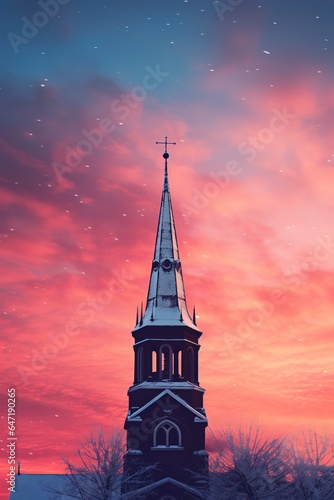 The silhouette of a church steeple, set against a brilliant winter sunset, with hues of deep orange and pink blending into the icy blue
