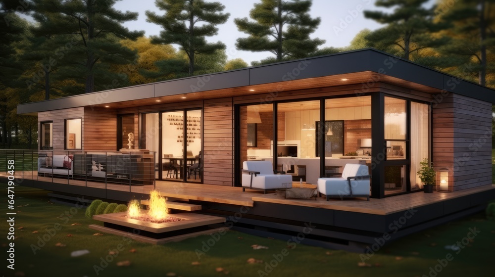 Modular wooden house at forest. Modern and elegant style. Modular wooden house at forest. Modern and elegant style.