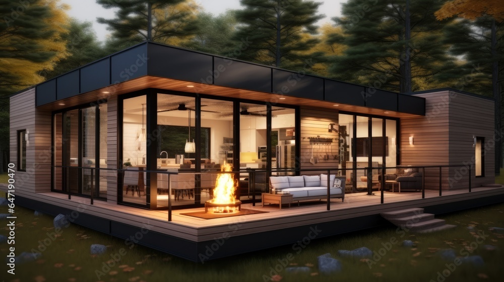 Modular wooden house at forest. Modern and elegant style.