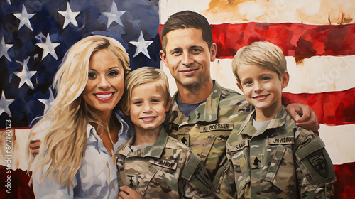 An artistic tribute to military families, featuring spouses and children proudly holding portraits of their deployed loved ones © Наталья Евтехова