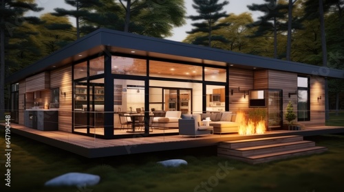 Modular wooden house at forest. Modern and elegant style.