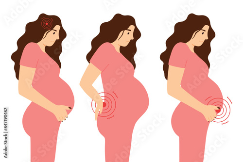Set of pregnant women with back, stomach and head pain. Vector illustration. Collection of sad pregnant girls in pain.