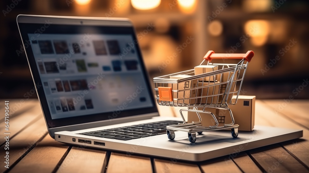 Online shopping, Shopping Cart on Laptop,