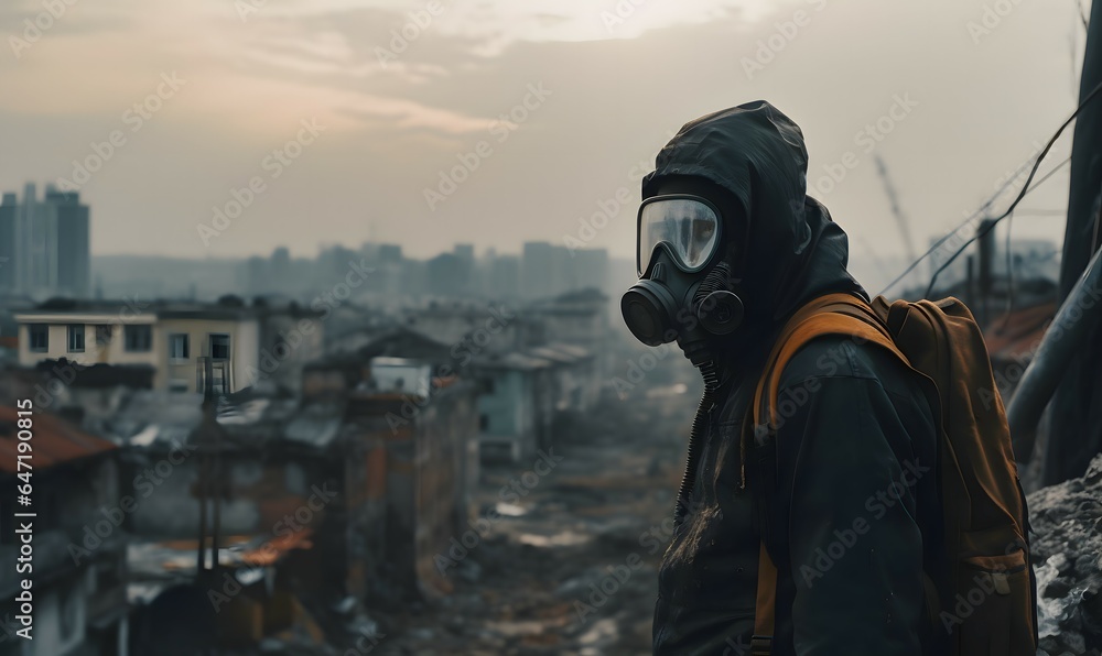person with gas mask in a polluted city person with gas mask in a polluted city
