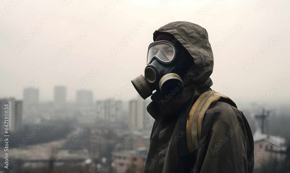 person with gas mask in a polluted city person with gas mask in a polluted city