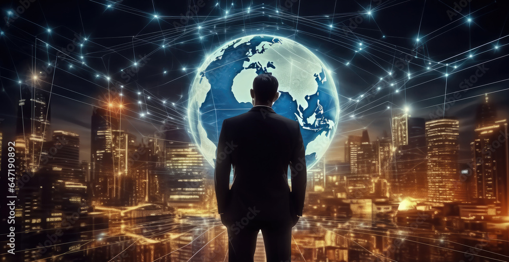 Rear view, Businessman generating wireframe business global network connection on worldwide digital marketing customer data analytics.
