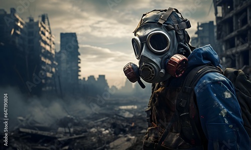 person with gas mask in a polluted city