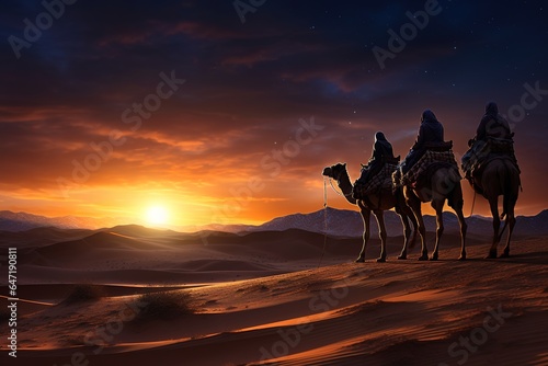 The Three Wise Men following the bright North Star  journeying through a desert transformed by winter s chill  bearing gifts for the newborn king
