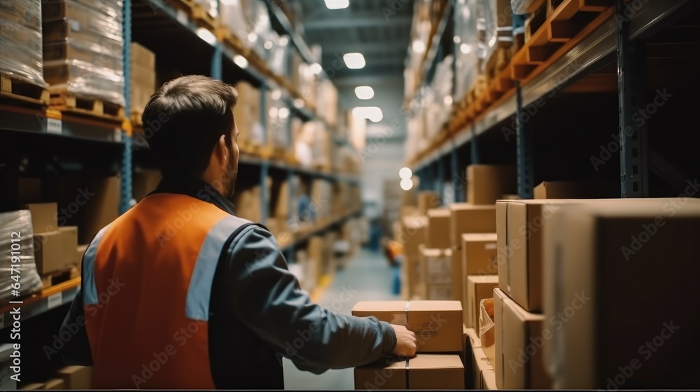 Worker Looking At Product In Warehouse. Worker Looking At Product In Warehouse.
