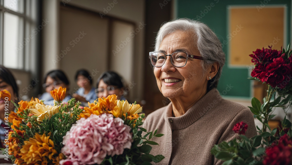 Portrait of an elderly teacher with a bouquet of flowers Portrait of an elderly teacher with a bouquet of flowers