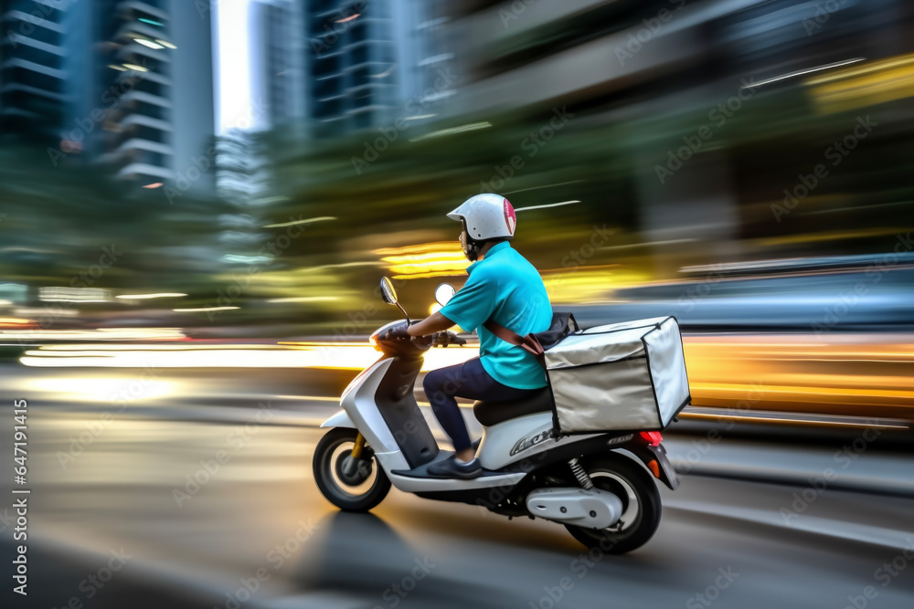 Delivery person rides a scooter bike to deliver ordered products. Background of buildings flowing at high speed with a long exposure. Working concept of ordering and shipping.