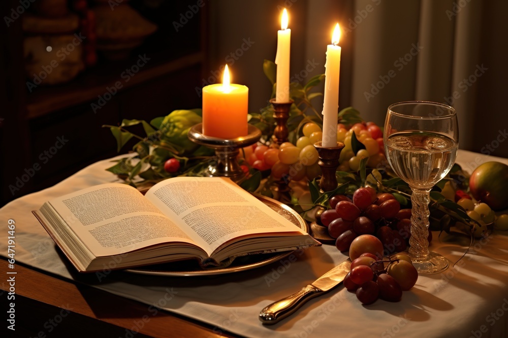 A candlelit dinner table set for two, with an open Bible in the center, emphasizing the foundation of love on spiritual principles