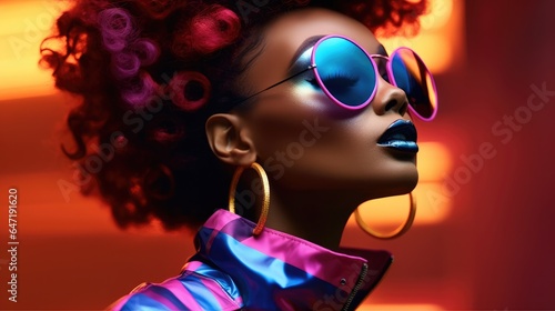 Portrait of young African American women wear sunglass with creative make up, High fashion, Bright neon colors.
