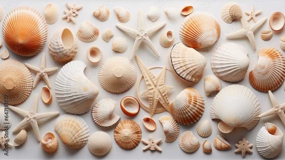 Collection of small seashells with fossil coral and sand dollars, Summer and vacation concept, Top view.