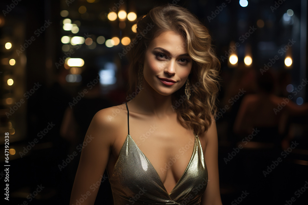Beautiful 21 year old woman in club dress.