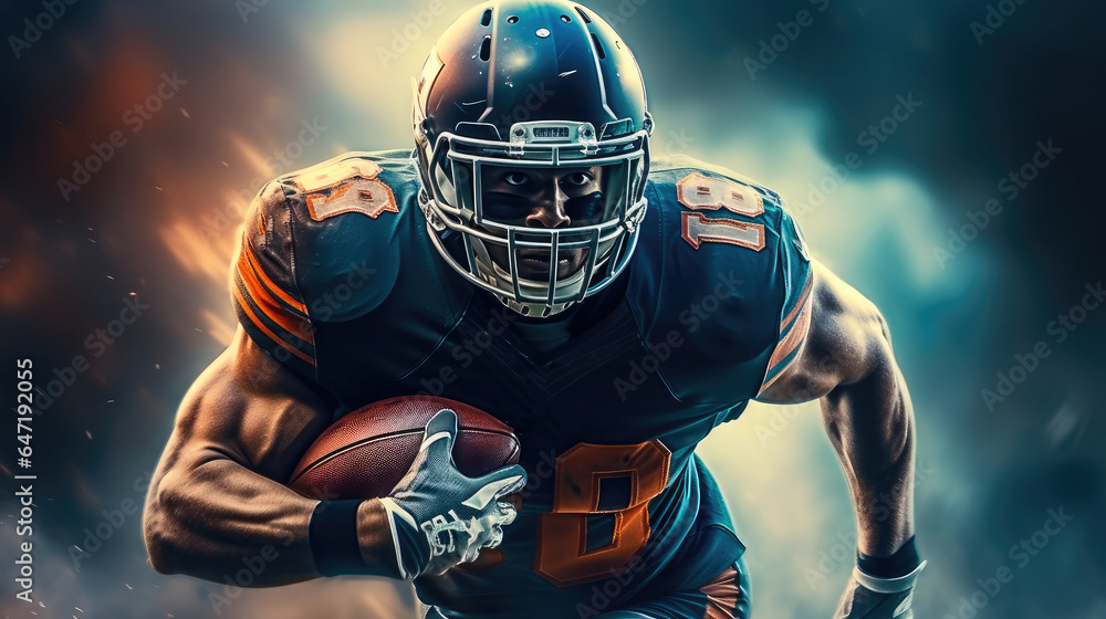 American football player, Sportsman with ball in helmet on stadium, Sport and motivation. American football player, Sportsman with ball in helmet on stadium, Sport and motivation.