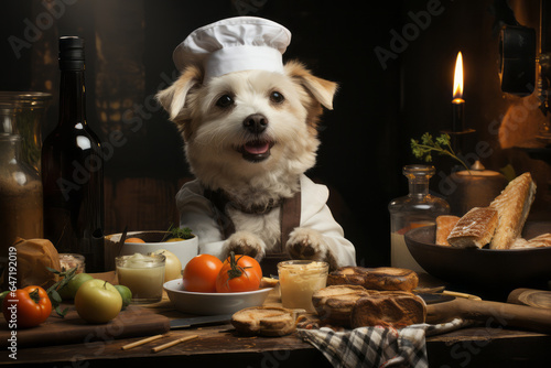 A dog with a chef's hat on, cooking up a delicious bone