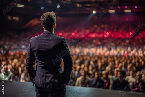 Back view of motivational speaker standing on stage in front of audience for motivation speech on conference or business event