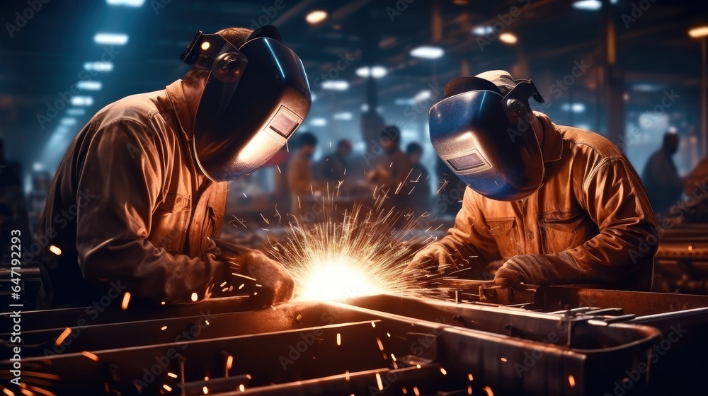 Two workers and welders who perform arc welding in industry factory. Two workers and welders who perform arc welding in industry factory.