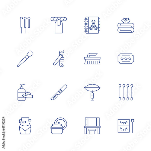 Beauty line icon set on transparent background with editable stroke. Containing acupuncture, agenda, bath towel, beauty, blade, body lotion, botox, cotton swabs, diet, dressing room, eyelashes.