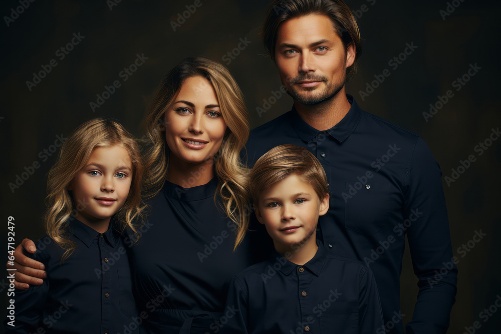 Fototapeta premium dad and mam and two kids wearing blank navy blue tshirt