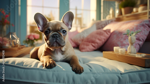 Cute French bulldog sitting on sofa in living room © wolfhound911