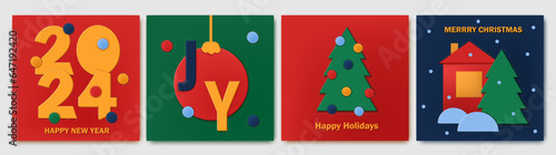 Set of Christmas, New Year, holiday greeting cards. Paper art colorful geometric Christmas tree, ball, 2024 numbers. Design for card, invitation, cover, brochure.