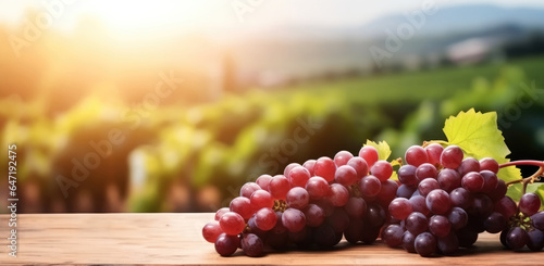 Wooden table with fresh red grapes with vineyard field background.