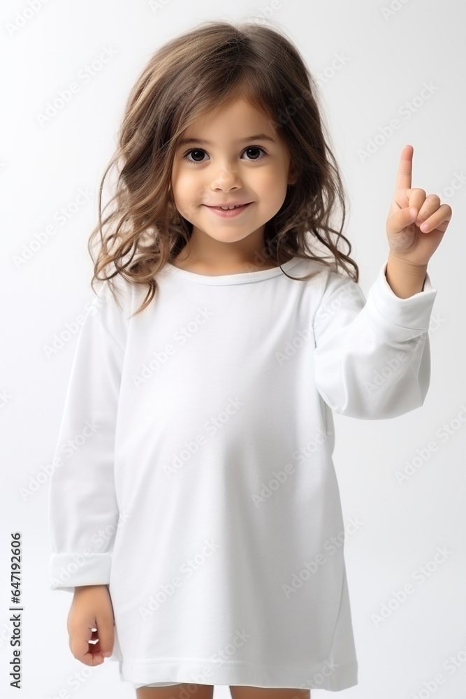 A little girl on a white background gesticulates with her index finger. A little girl on a white background gesticulates with her index finger.