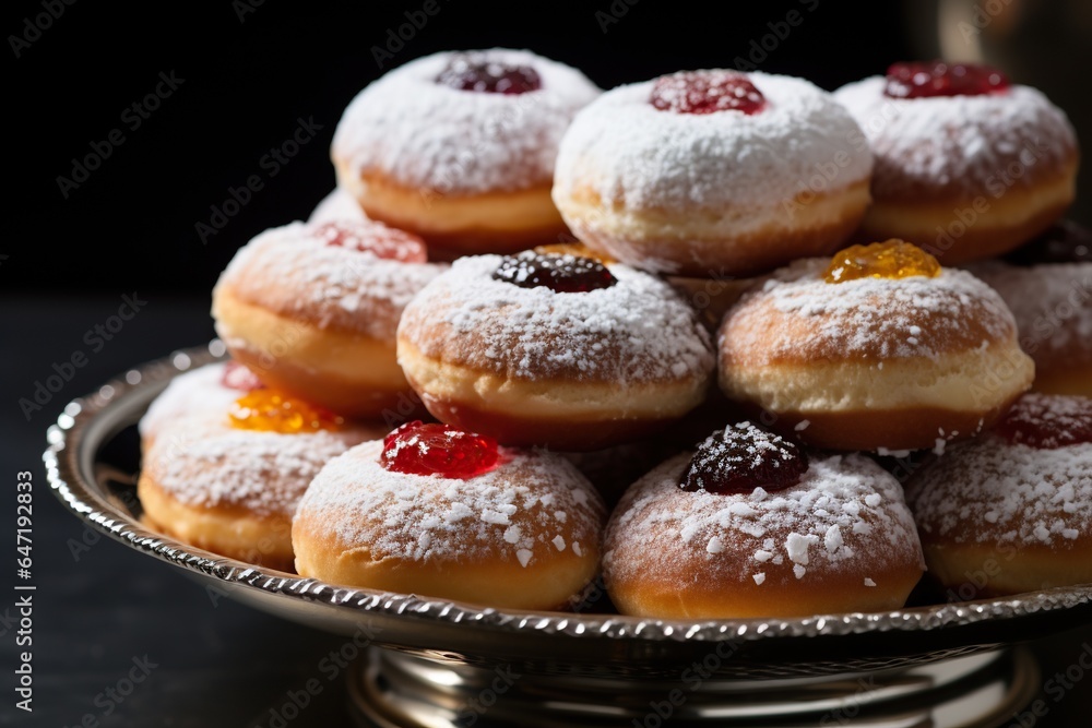 Donuts with red jam and with powdered sugar. Celebrating Hanukkah.