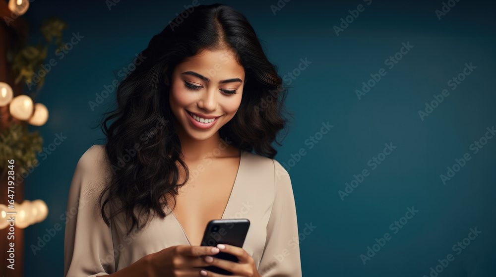 Young happy woman holding mobile phone is looking at smartphone, Typing message doing e-commerce shopping on cell. Young happy woman holding mobile phone is looking at smartphone, Typing message doing e-commerce shopping on cell.
