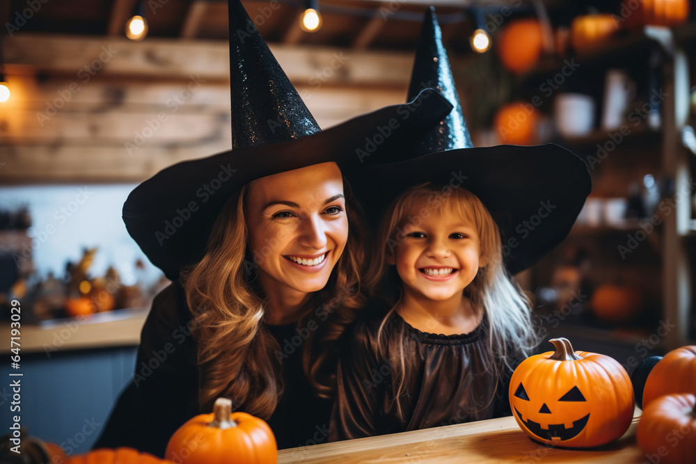 Young mom and her kid in carnival costumes celebrate Halloween!