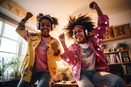Two Happy funny gen z hipster African American teen girls wearing headphones dancing at home, listening music on mobile phone, having fun feeling funky moving in living room, authentic shot
