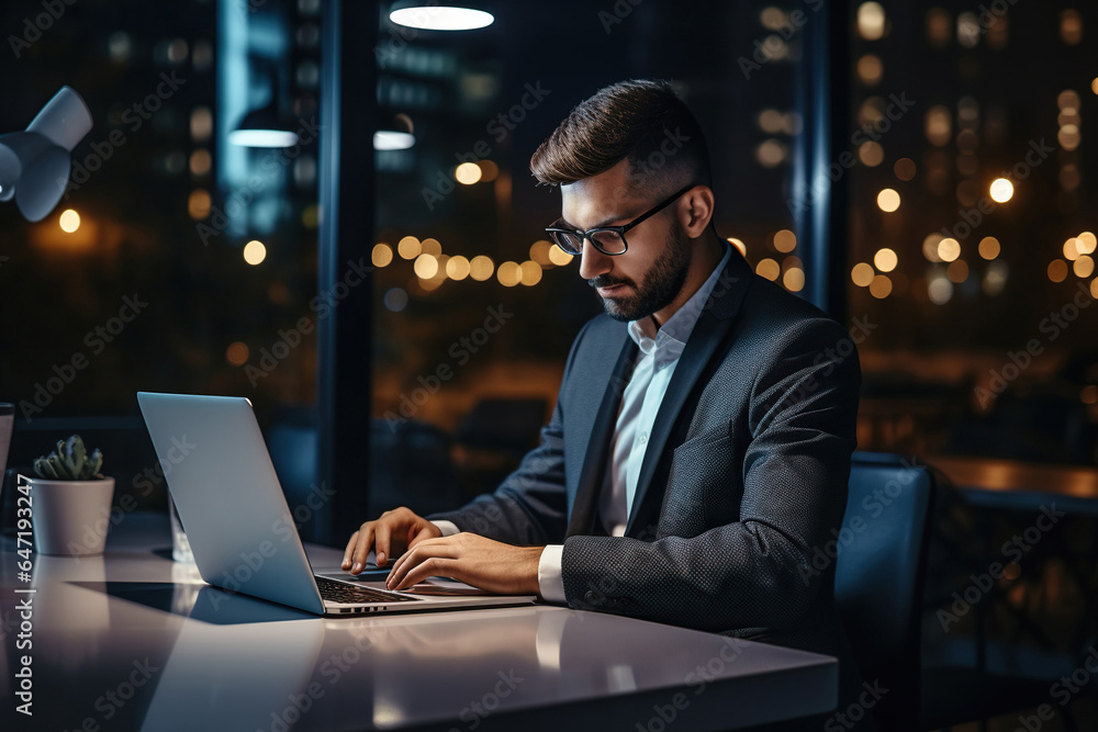 Late night marketing plan: Professional man typing on laptop in office Late night marketing plan: Professional man typing on laptop in office