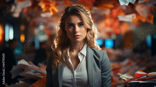 Businesswoman standing in many documents background.